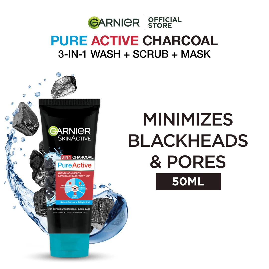 Garnier Skin Active 3-In-1 Charcoal Blackhead Face Wash Mask Scrub 50Ml