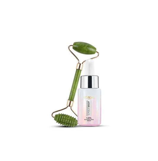 Bundle - Facial Beauty Jade Rollers for Face - Facial Massage Tool + L'Oreal Paris Glycolic Bright Instant Glowing Face Serums