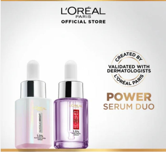 Bundle - L'Oreal Paris Glycolic Bright Instant Glowing Face Serum 15Ml + L'Oreal Paris Revitalift 1.5% Hyaluronic Acid Face Serum 15 Ml
