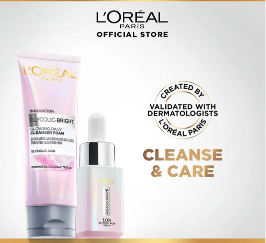 Bundle - L'Oreal Paris Glycolic Bright Glowing Daily Face Wash 100ml + L'Oreal Paris Glycolic Bright Instant Glowing Face Serum 15Ml