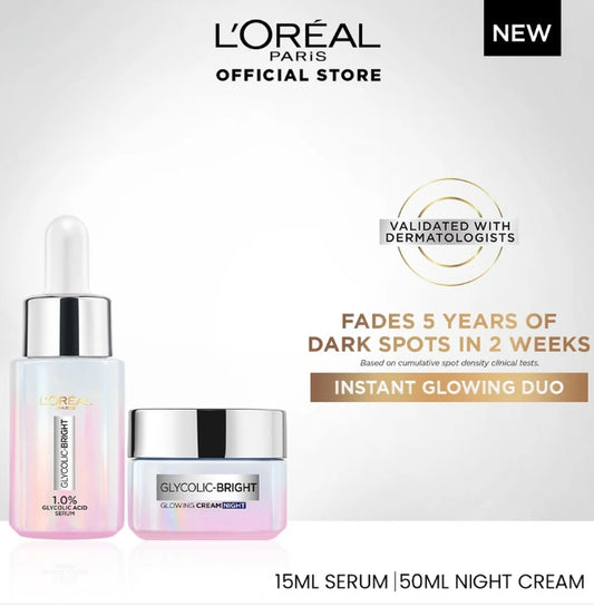 Bundle - Glycolic Duo - L'Oreal Paris Glycolic Bright Instant Glowing Face Serum 15Ml + L'Oreal Paris Glycolic Bright Glowing Gel Night Cream 50ml