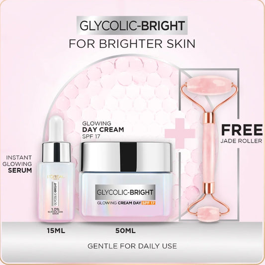 Bundle - L'Oreal Paris Glycolic Bright Instant Glowing Face Serum 15Ml + L'Oreal Paris Glycolic Bright Glowing Gel Day Cream 50ml with Free jade Roller